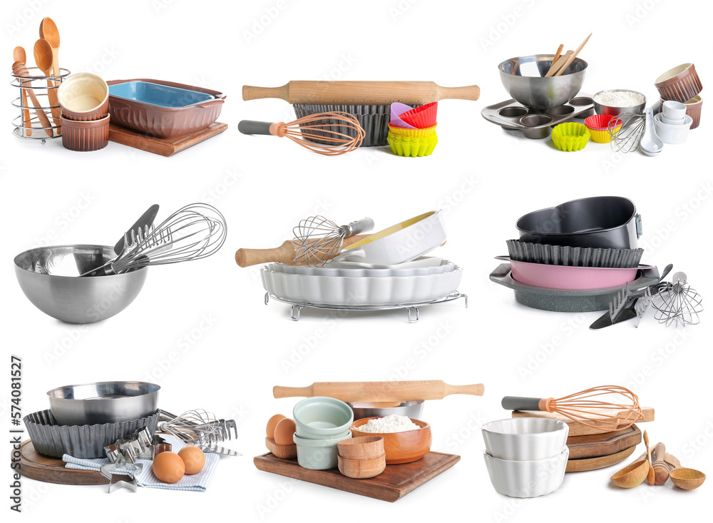 Group of kitchen utensils for baking on white background