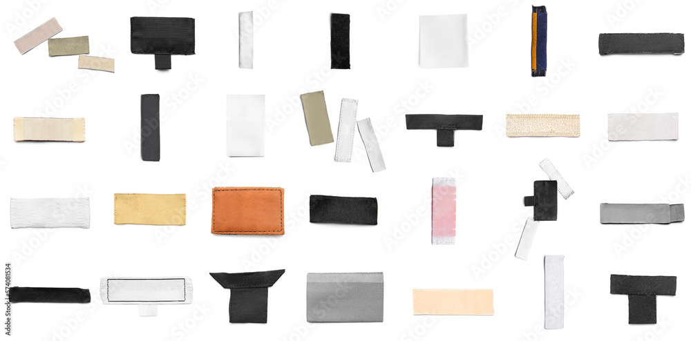 Collage of clothes labels on white background