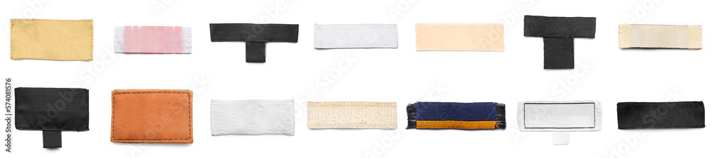 Collage of clothes labels on white background