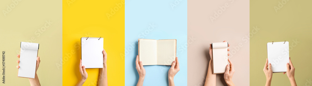 Collage of female hands holding blank notebooks on color background