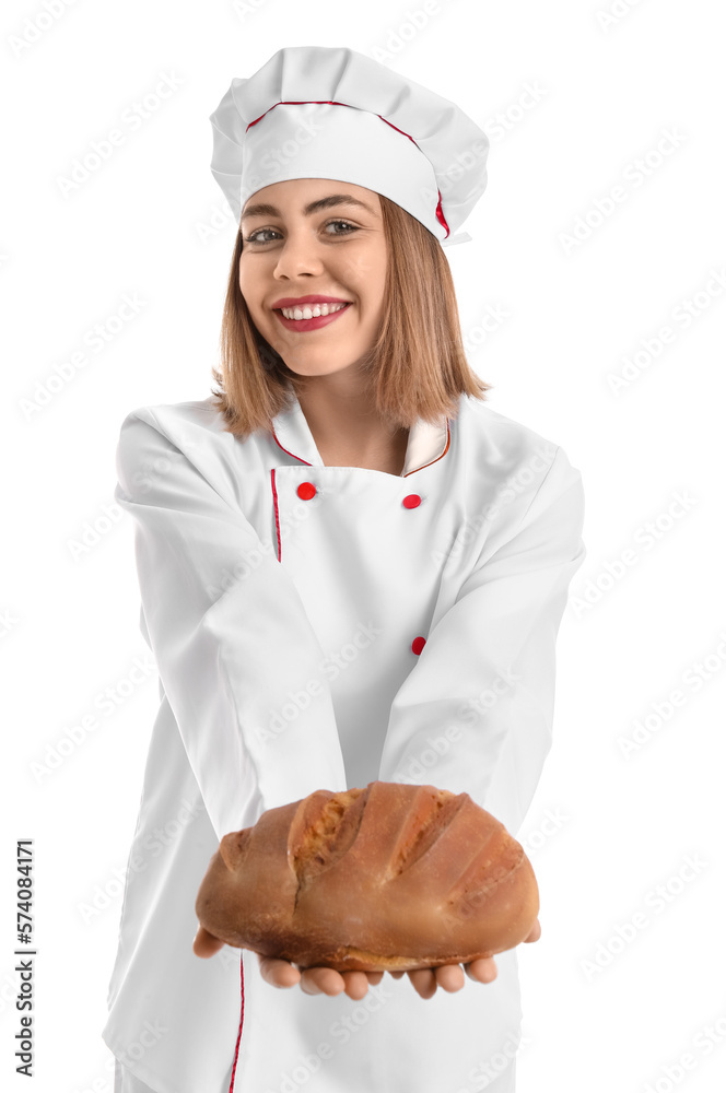 Female baker with fresh bread on white background