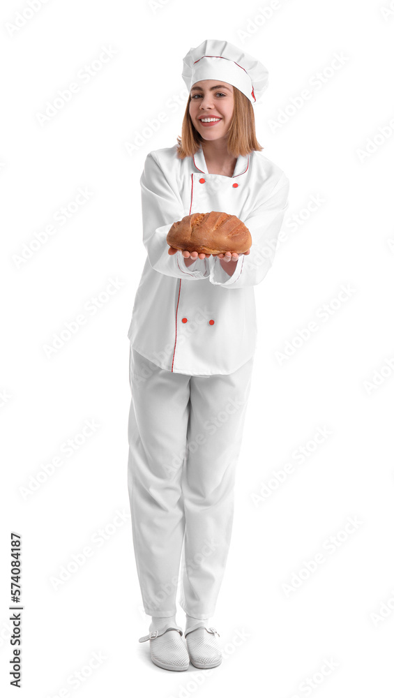 Female baker with fresh bread on white background