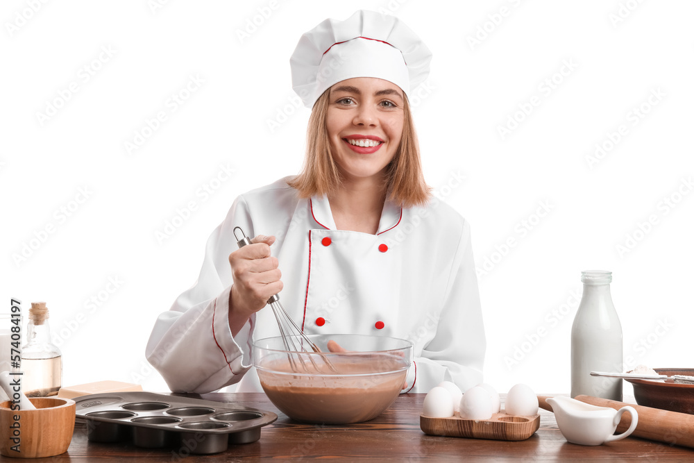 Female baker making dough at table on white background