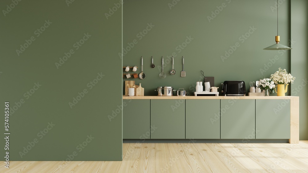 Green kitchen and minimalist interior design.