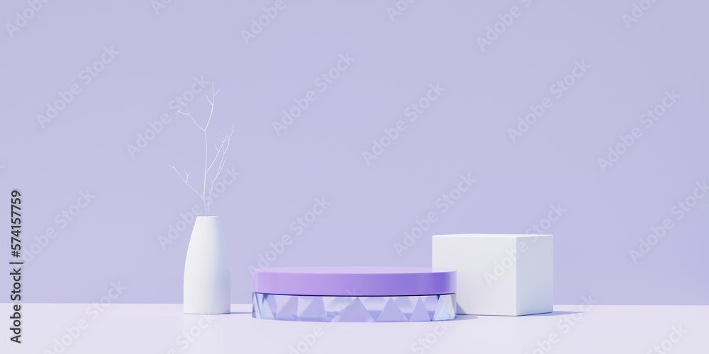 Crystal and purple podium mock up product display showcase 3d rendering