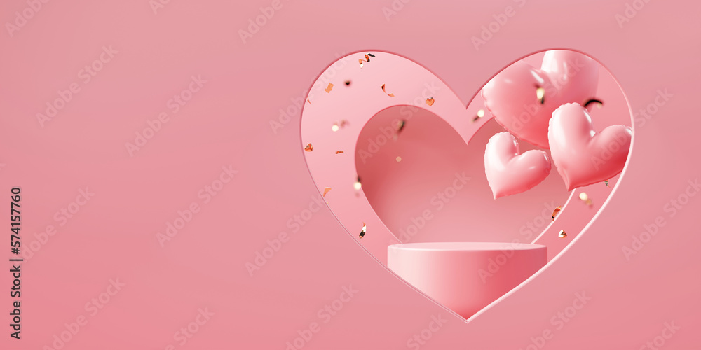 Valentines day stage podium mock up with heart product display showcase 3d rendering