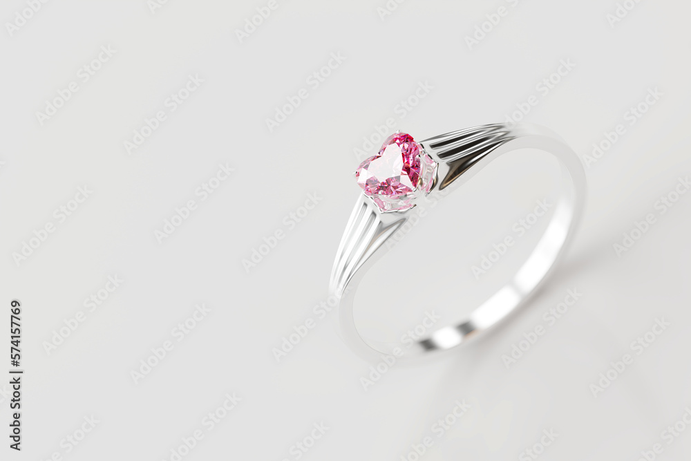 Silver Ring with Pink Ruby Heart Shape Diamond Soft Macro Focus 3d Rendering isolated on white