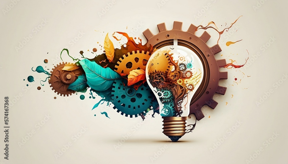 A concept  bulb of ideas with gears, light on white background