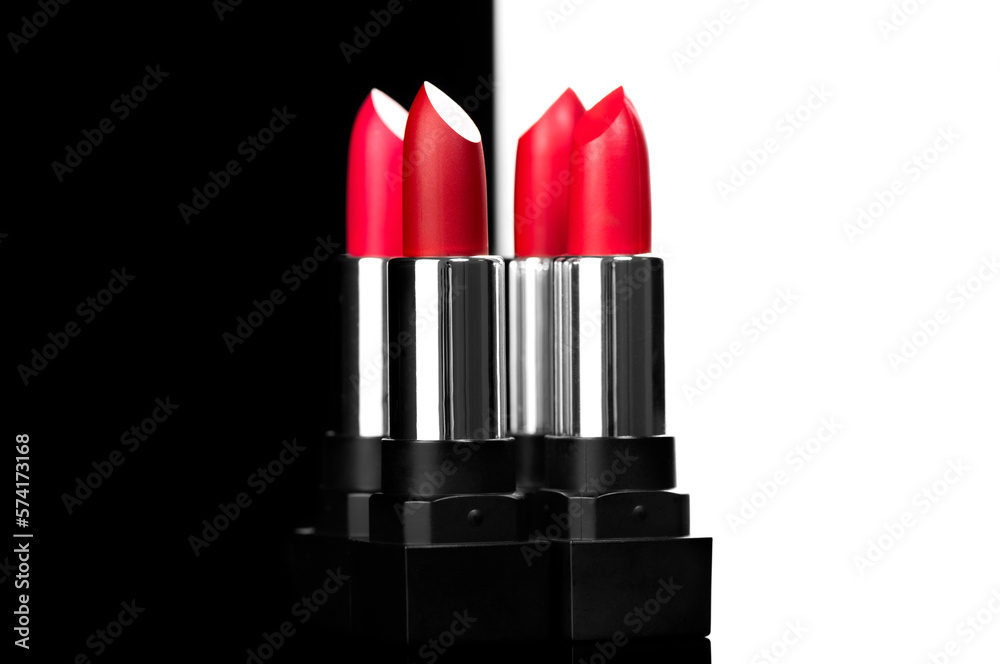 Lipstick. Fashion red Colorful Lipsticks isolated on black and white background. Red Matte lipstick 