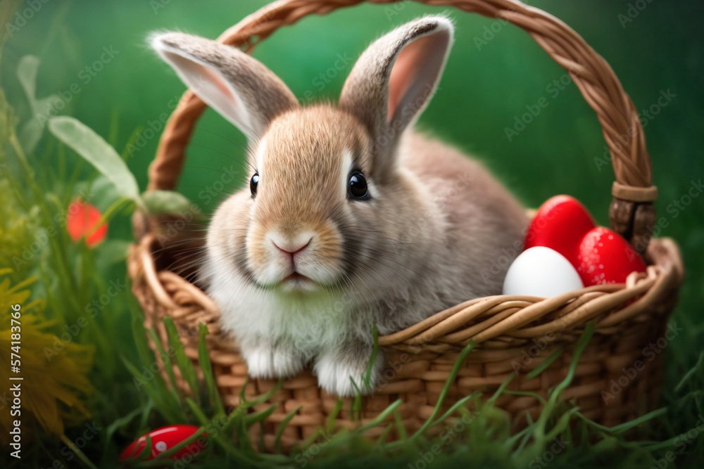 Cute Easter bunny in a basket with Easter eggs around. Created with Generative AI technology.