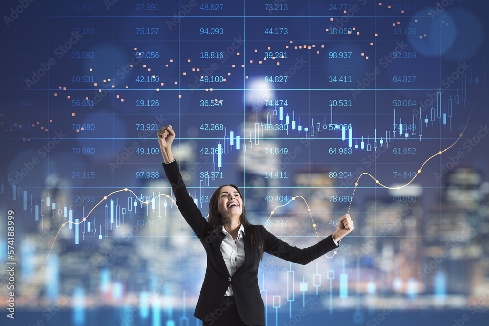 Young european businesswoman celebrating success on illuminated blurry night city background with fo