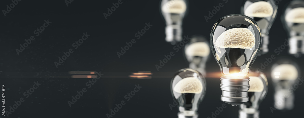 Abstract glass lamp with brain inside on wide black background with mock up place. Inventor concept.