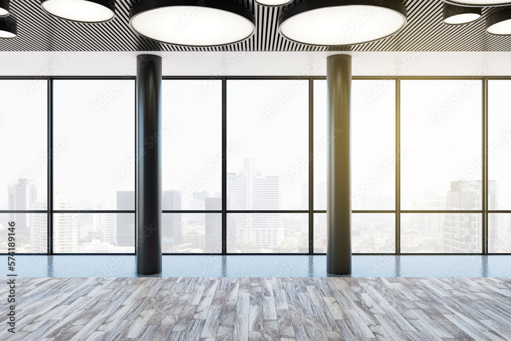 Panoramic windows with city skyline view background in spacious empty hall with round lamps on slatt