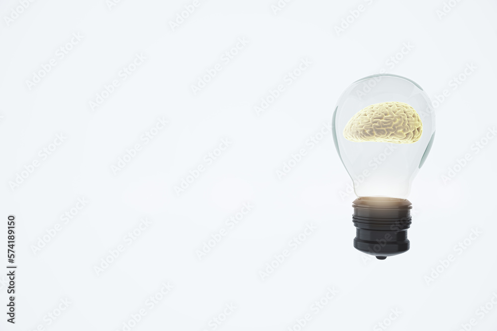 Abstract glass lamp with brain inside on white background with mock up place. Inventor concept. 3D R