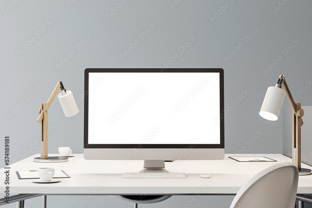 Front view on blank white modern computer monitor with place for your logo or text on white work tab