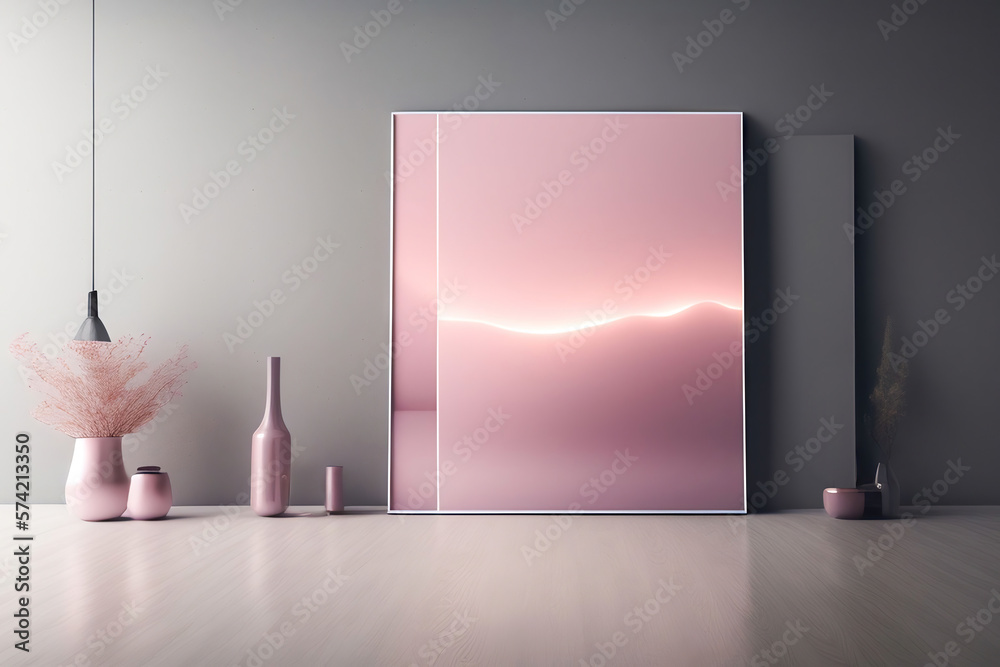 Elegant mock up for product presentation. Interior with with a beautiful framed pink abstract poster