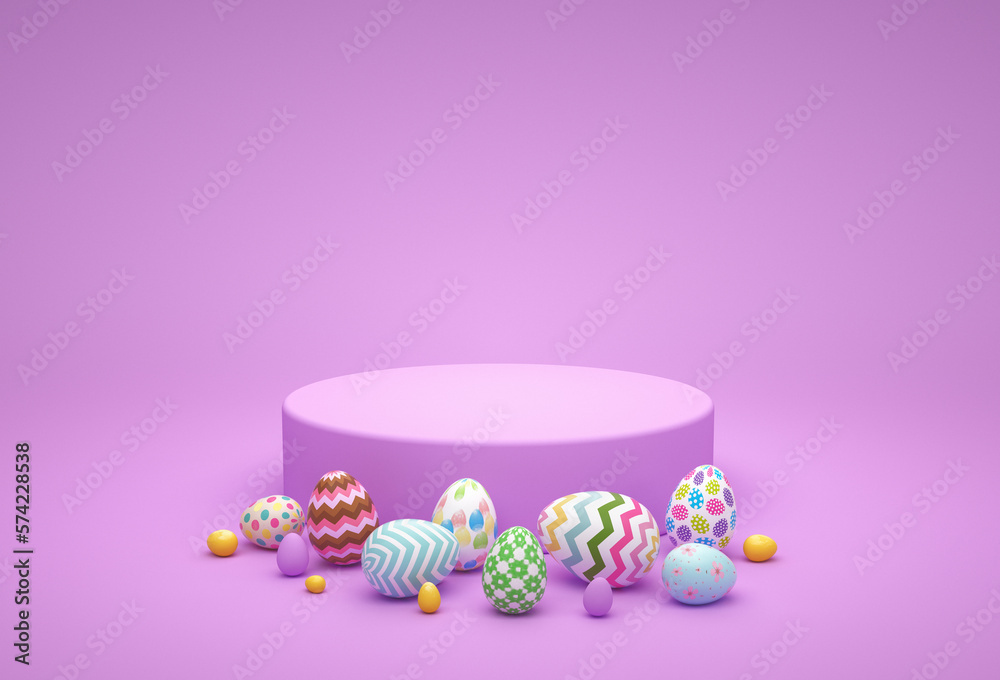 Happy Easter. Abstract art of colorful Easter Eggs with Pink or Purple background, and circle geomet