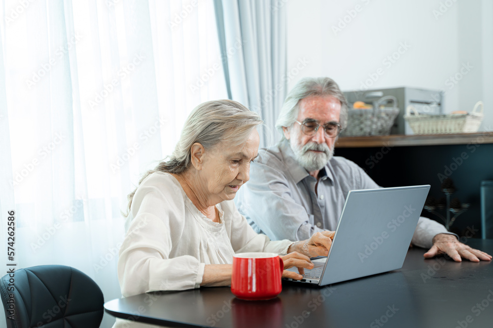 Retired old Asian male and his wife hand use Asian senior couple working and check data information 