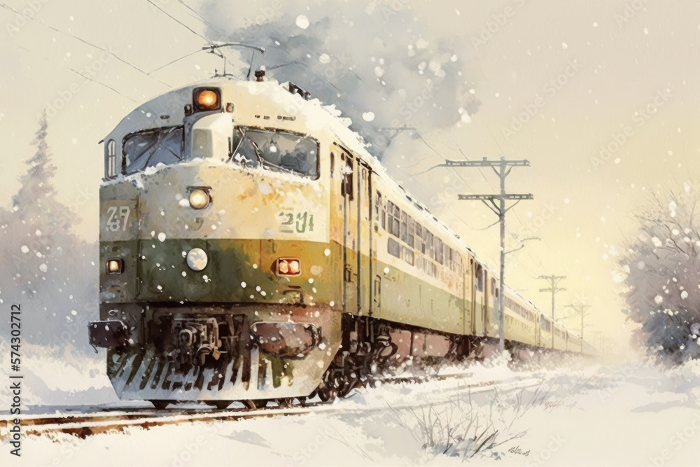 A beautiful painting of a Japanese train in winter in the snow. Beautiful landscape, wallpaper, gene