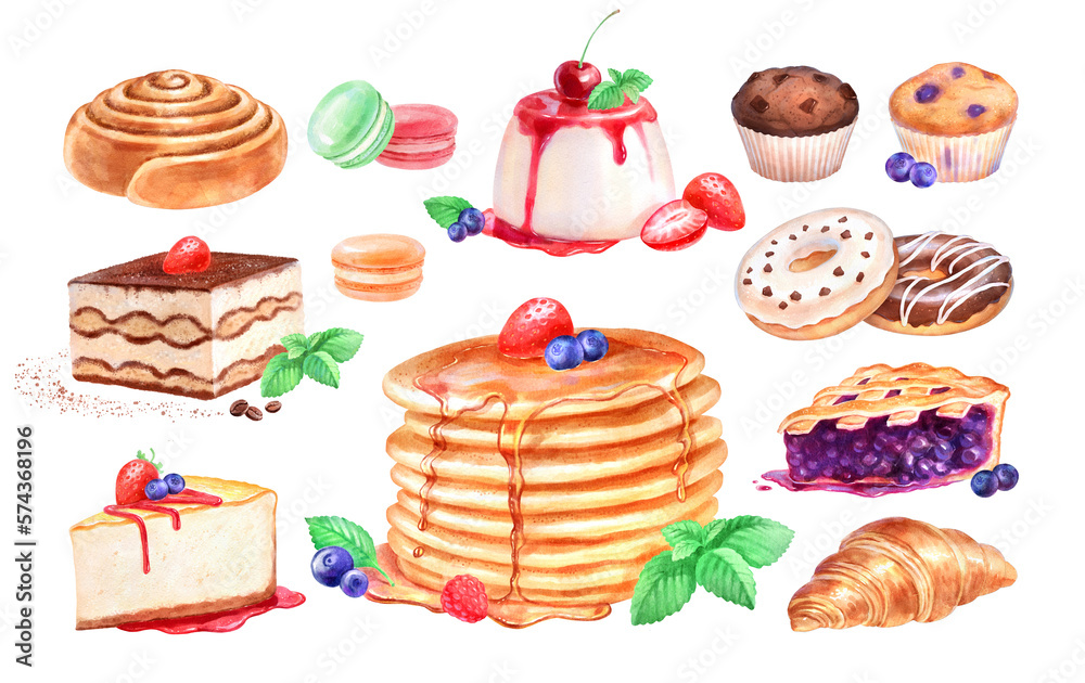 Hand painted watercolor illustration collection of Desserts on white background