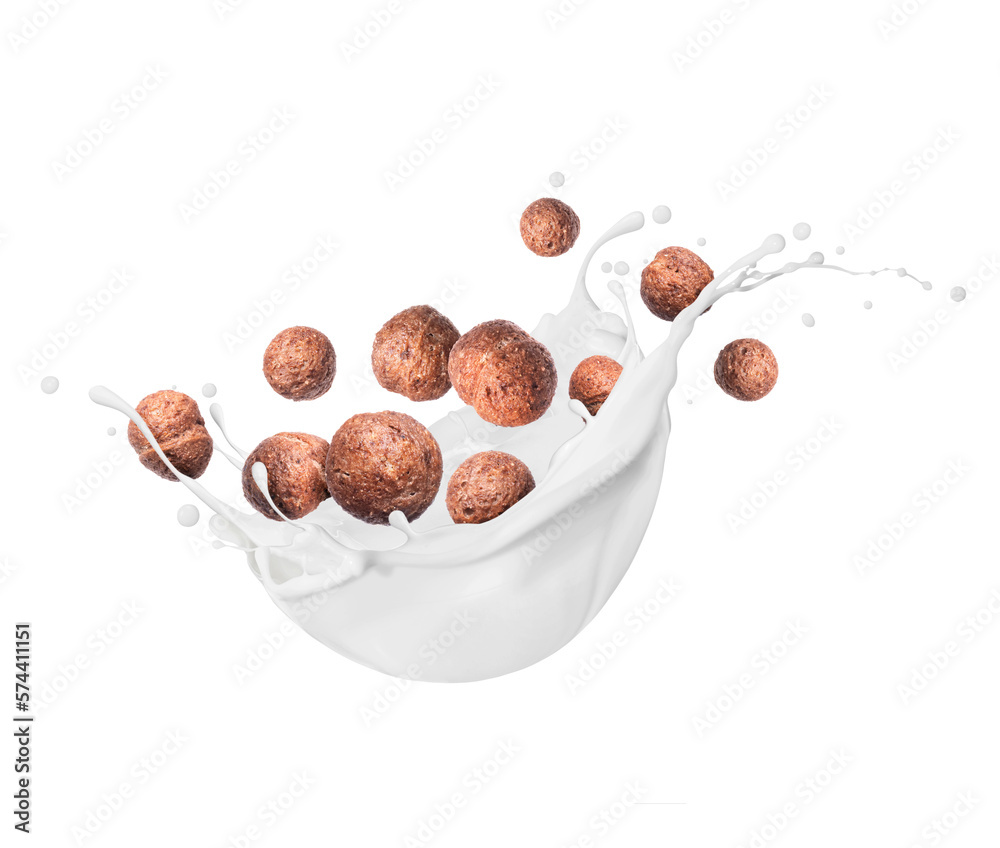 Rye cocoa balls with milk splash closeup on a white background