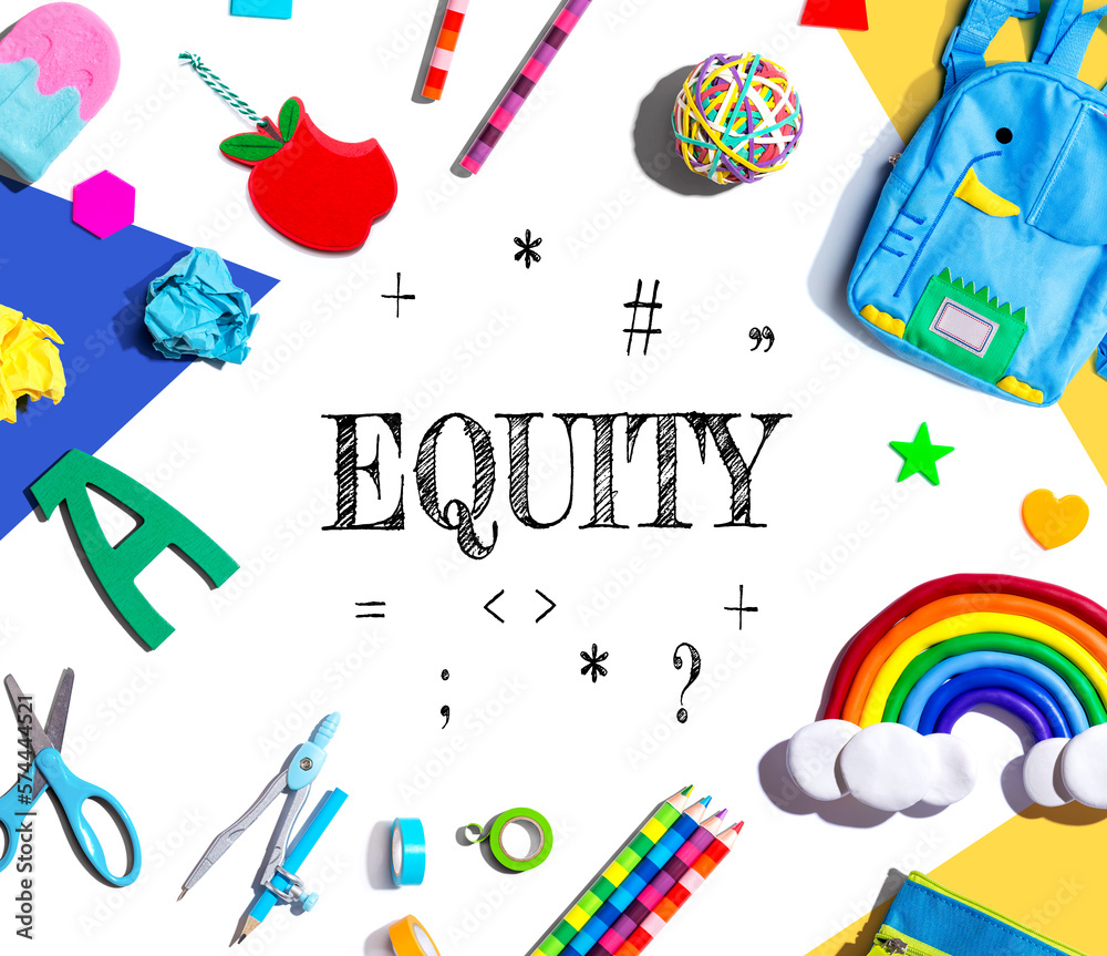 Equity theme with school supplies overhead view - flat lay