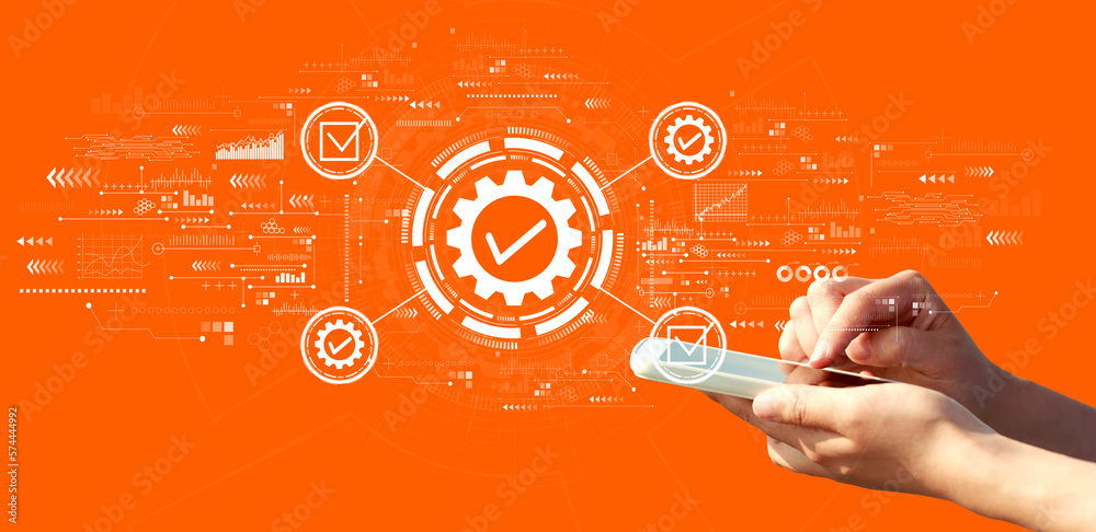 Quality control approval with person using a smartphone on a orange background