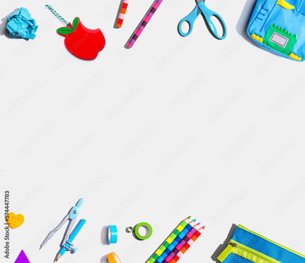 Collection of school supplies overhead view - flat lay