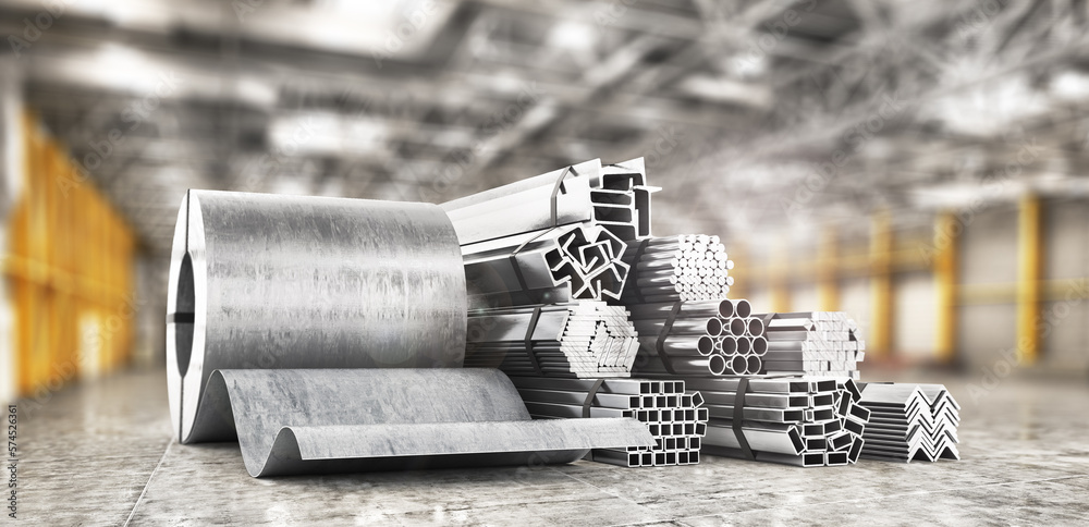 Stack of rolled metal in warehouse. 3d illustration