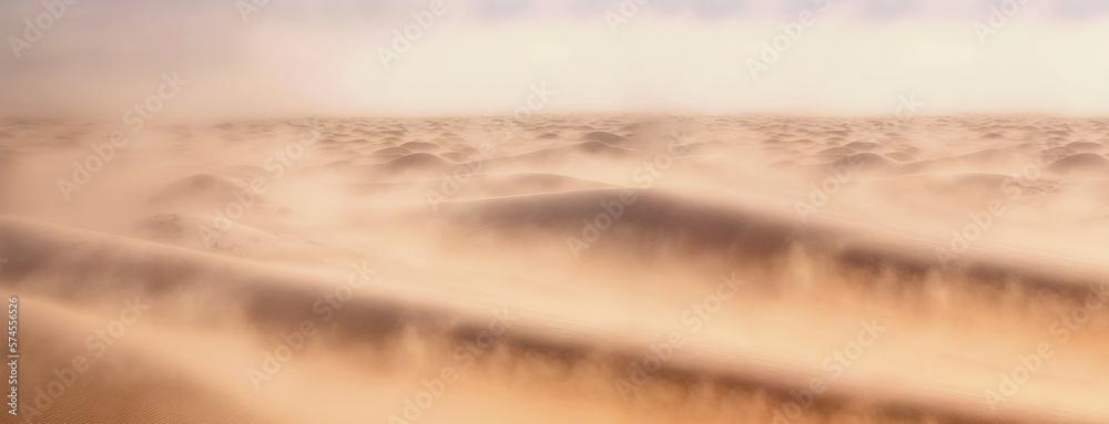 Desert sand landscape. Atmospheric scenic imaginary view. Clouds and sandstorm. Generative AI