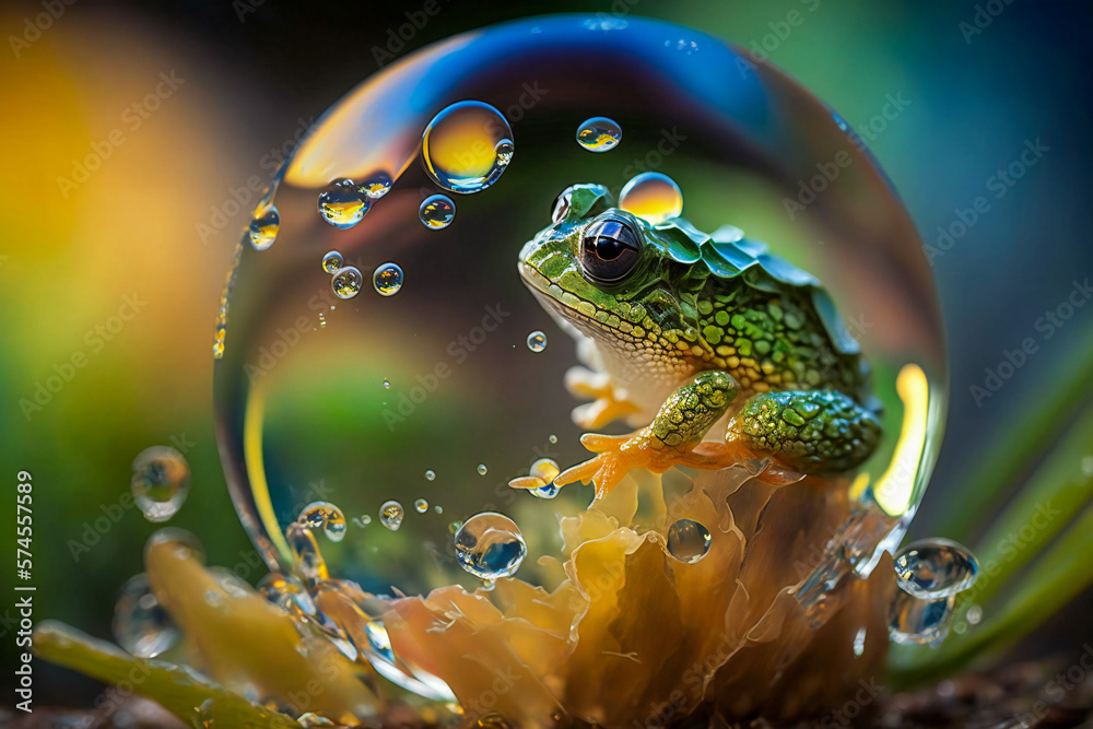 Extreme close-up of a little green frog in a bubble. Created with Generative AI technology.