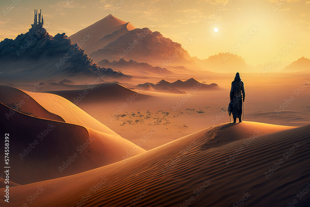 Silhouette of a man in the desert, standing on a dune. Created with Generative AI technology.