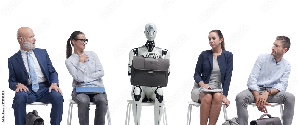 Job applicants staring at the robot candidate and waiting for the job interview