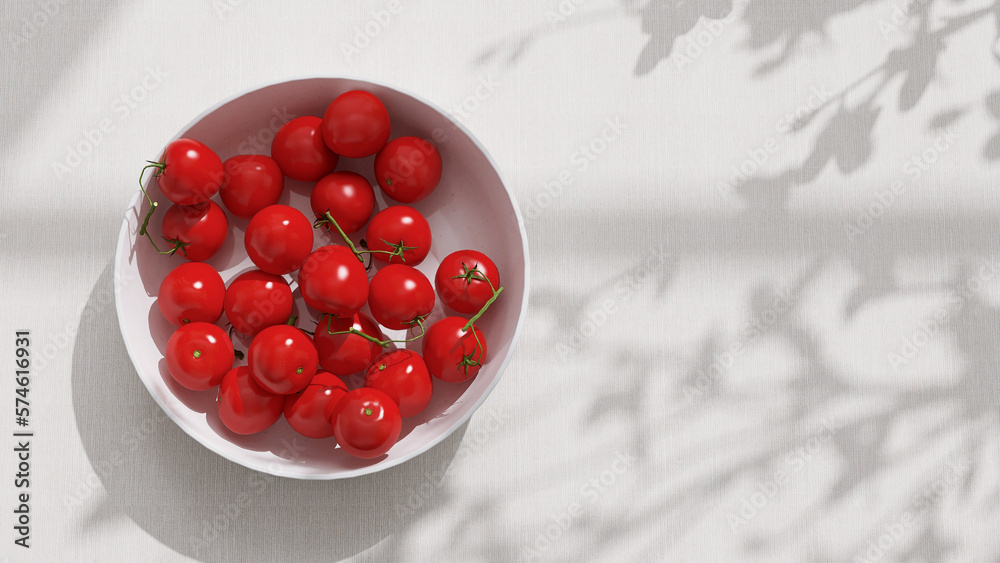 Top view of modern, minimal, beautiful round white ceramic bowl with red cherry tomatoes on cream ta