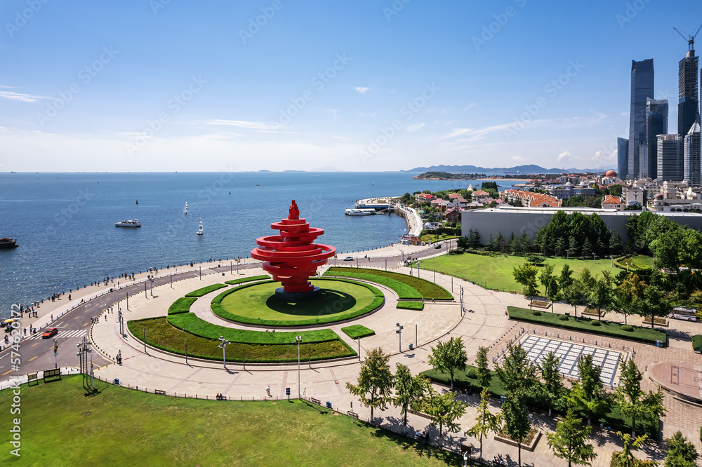 Aerial photography of modern urban architecture scenery in Qingdao, China