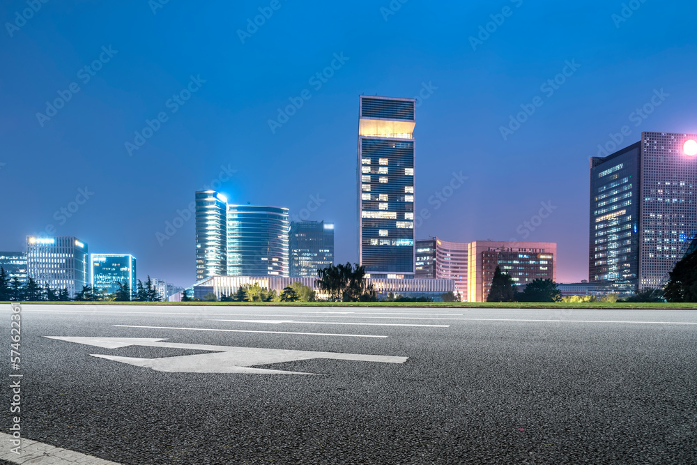 Night view of office buildings in Suzhou Financial District, China