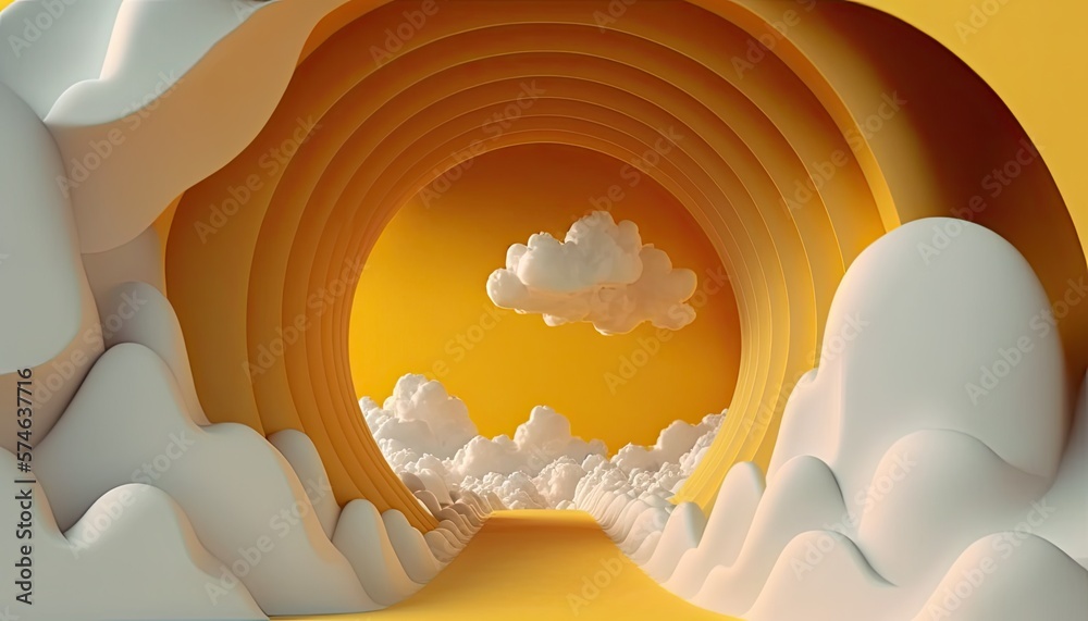 Heavenly 3D landscape, yellow hues and clouds, generative ai