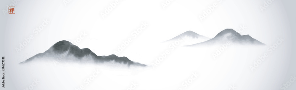 Minimalist ink wash painting with  mountains in fog. Panoramic landscape in traditional oriental ink