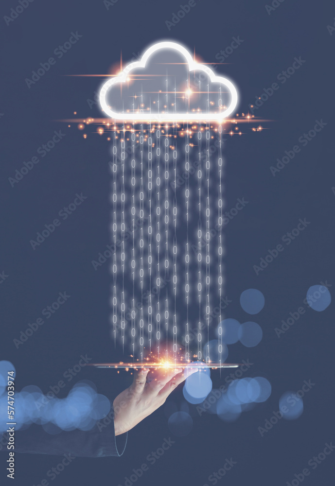 Technology cloud computing concept. Businessman holding tablet on hand with Technology virtual cloud