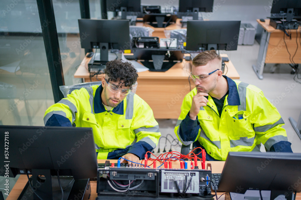 Mechanical engineering team working in robotic technology lap for research and develop for manufactu