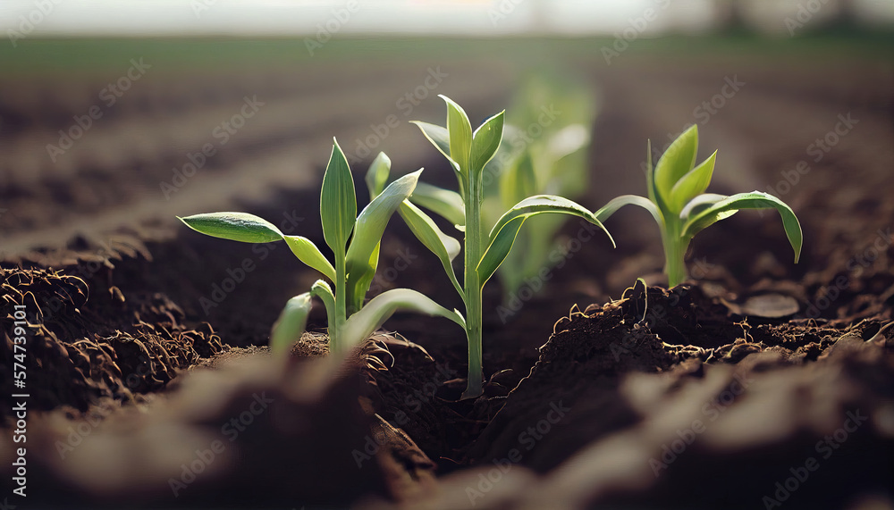 Generative AI, Young plant Growing In sunlight from the ground, macro photorealistic illustration, a