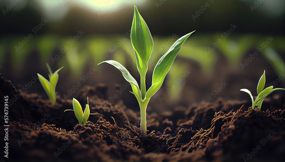 Generative AI, Young plant Growing In sunlight from the ground, macro photorealistic illustration, a