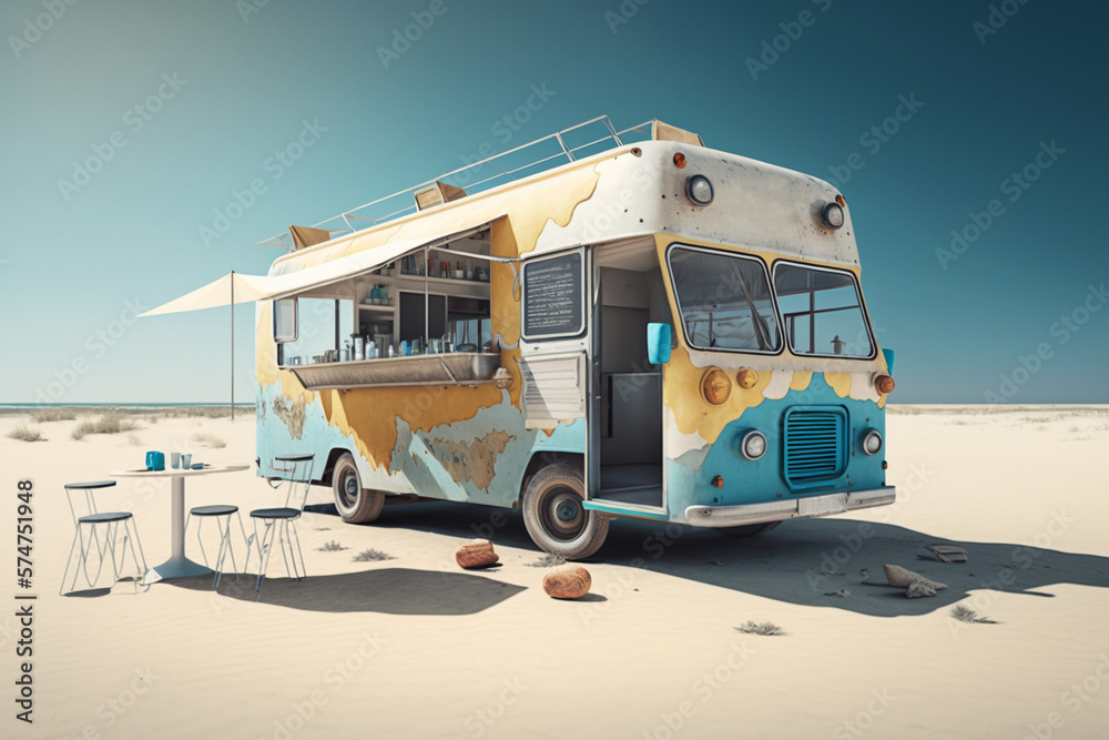 Food truck on the beach, created by a neural network, Generative AI technology