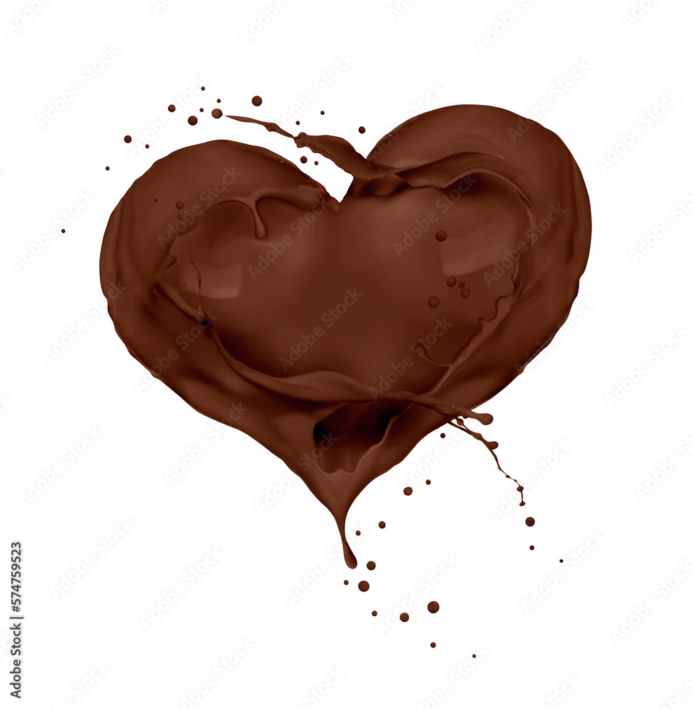 Splashes of chocolate in the shape of a heart isolated on a white background