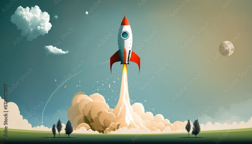 Rocket start up - The rocketship blasts off into the blue sky, a symbol of a successful startup taki