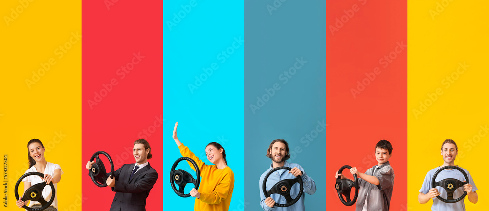 Set of people with car steering wheels on color background