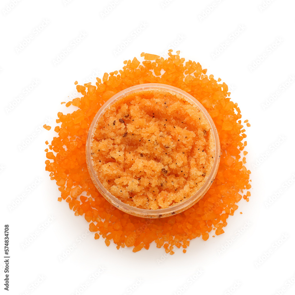 Jar of natural body scrub and sea salt on white background