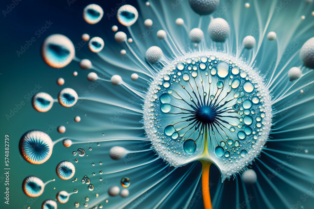 Dew drops on a dandelion plant macro. Created with Generative AI technology.