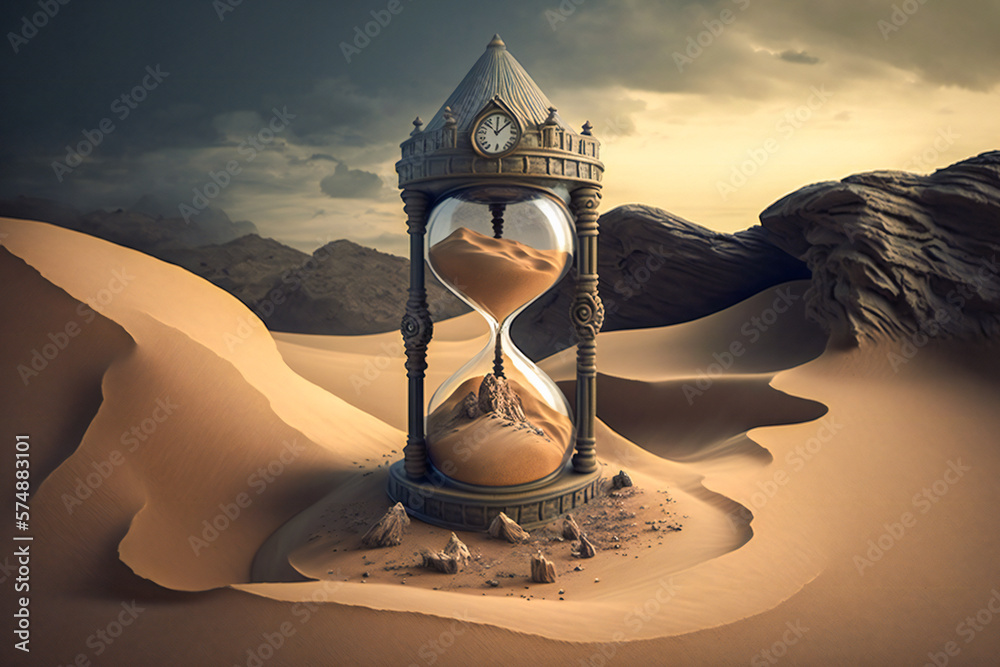 Lonely hour glass in the desert. Time related concept. Created with Generative AI technology.