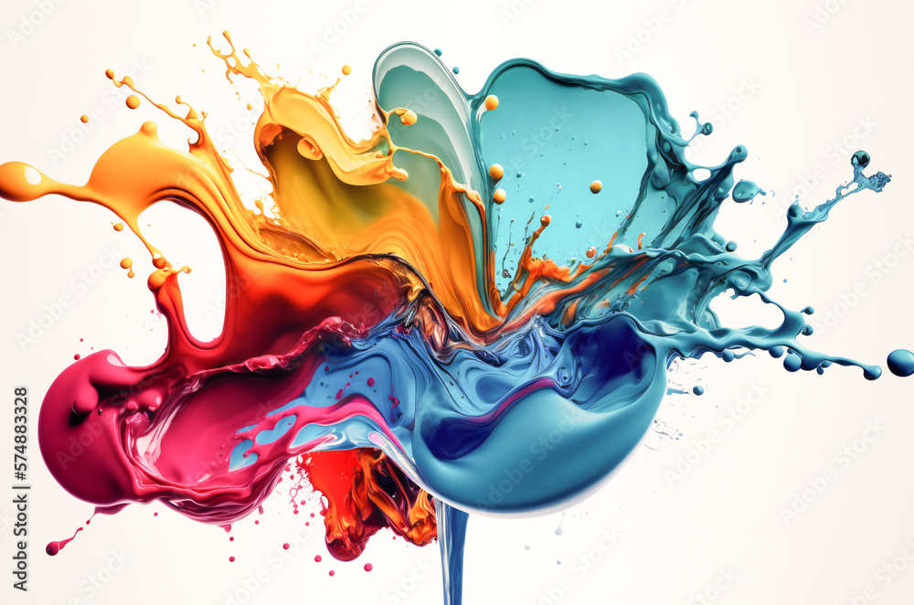 Colorful paint splash against white background. Fictional illustration. Created with Generative AI t